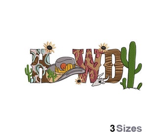 Howdy - Machine Embroidery Design - 3 Sizes, Howdy Lettering Embroidery Pattern, Desert Cactus Embroidery Design, Western Cowboy Hat Design