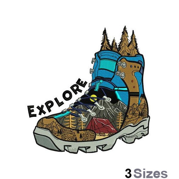 Explore Hiking Boot - Machine Embroidery Design - 3 Sizes, Mountain Scene Patterned Footwear Embroidery Design, Outdoors Embroidery Pattern