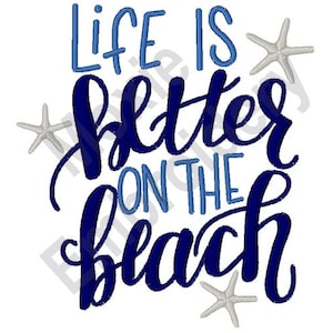 May include: Blue and white text on a white background that reads "Life is better on the beach". There are four white starfish around the text.