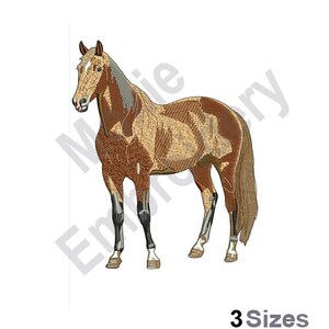 May include: Embroidered design of a brown and white horse standing on a white background. The horse has a long mane and tail.