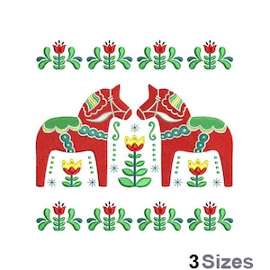 May include: Two red and green Dala horses with yellow and white details stand back to back.  They are surrounded by green leaves and red flowers.  The text "3 Sizes" is at the bottom of the image.