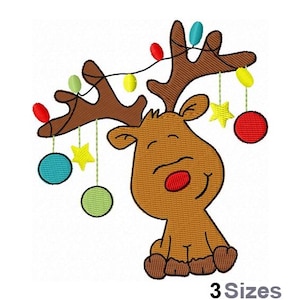 May include: A cartoon reindeer with brown antlers and a red nose is decorated with a string of colorful lights and ornaments. The reindeer is smiling and has a happy expression.