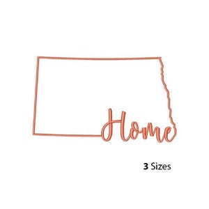 May include: A coral-colored outline of the state of North Dakota with the word "Home" in a cursive font. The text "3 Sizes" is below the state outline.