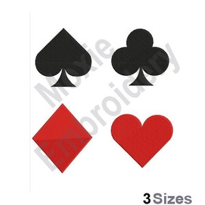 May include: Four black and red playing card suit symbols: spades, clubs, diamonds, and hearts. The symbols are isolated on a white background.