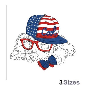 May include: Embroidered design of a white fluffy dog wearing red-rimmed glasses, a blue and red baseball cap with white stars and the word "Cool" on it, and a blue bow tie.