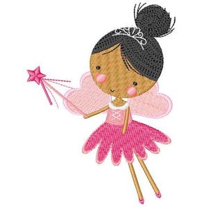 May include: A pink fairy with brown hair and a crown, wearing a pink dress and holding a star-shaped wand.