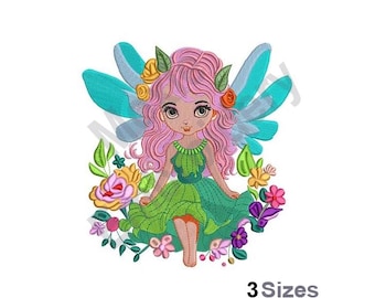 May include: Embroidered design of a fairy with pink hair, green dress, and blue wings. She is surrounded by colourful flowers.
