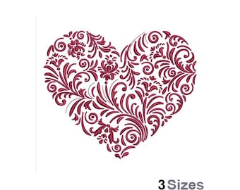 Baroque Heart - Machine Embroidery Design - 3 Sizes, Decorated Floral Heart Embroidery Pattern, Valentines Flower Heart Embroidery Design