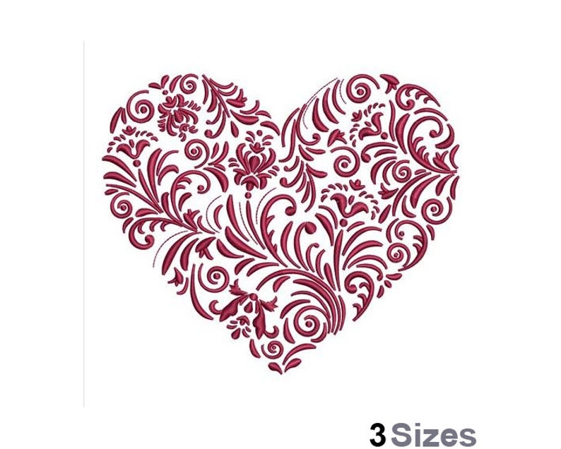 Baroque Heart - Machine Embroidery Design - 3 Sizes, Decorated Floral Heart Embroidery Pattern, Valentines Flower Heart Embroidery Design