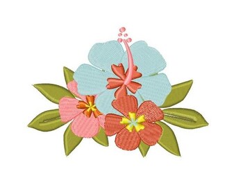 May include: Embroidered floral design featuring three hibiscus flowers in shades of light blue, coral, and pink, with yellow centers. The flowers are surrounded by green leaves, creating a tropical theme.