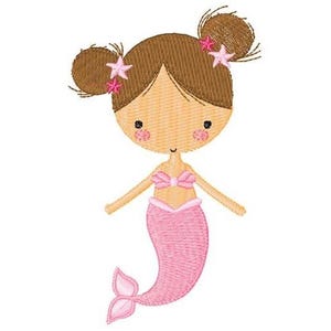 May include: An embroidered design of a cartoon mermaid with brown hair styled in two buns, adorned with pink star-shaped hair accessories. The mermaid has a light skin tone, rosy cheeks, and a pink seashell top and tail.
