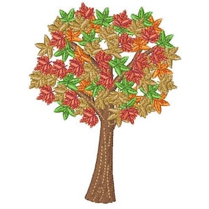 Puede incluir: Un diseño bordado de un árbol con un tronco marrón y una copa llena de hojas en tonos verdes, naranjas y rojos.