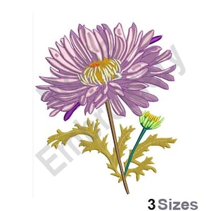 以下が含まれることがあります： 黄色い中心、緑のつぼみ、金色の葉を持つ紫色のアスターの花の詳細なイラスト。花は茶色の茎にあります。「3 Sizes」の文字が下にあります。