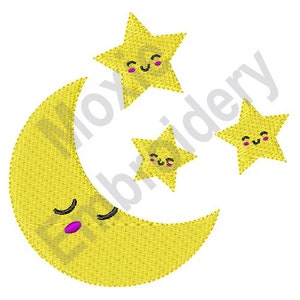 Stars & Moon - Machine Embroidery Design, Kawaii Moon And Stars Embroidery Pattern, Good Night Child Embroidery Design
