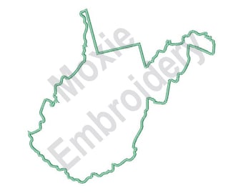 Overzicht West-Virginia - machineborduurwerkontwerp, kaart staat West-Virginia borduurpatroon, kaart VS, omtrek WV-staat