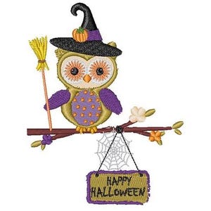 May include: A cute cartoon owl wearing a witch hat and holding a broom sits on a branch with a spiderweb hanging from it. A sign that says "Happy Halloween" hangs from the spiderweb.