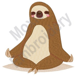 May include: A brown sloth with a happy expression sits in a meditative pose with its legs crossed. The sloth is sitting on a white surface.