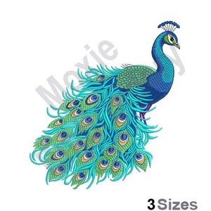 May include: Embroidered design of a peacock with a blue and green body and a large, colorful tail of feathers.