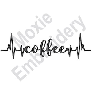 May include: Black and white graphic of a heartbeat with the word "coffee" in a stylized font.