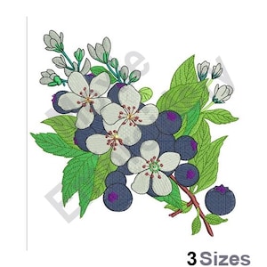 ブルーベリーの花 - 機械刺繍デザイン - 3 サイズ、ブルーベリーの花の刺繍パターン、ブルーベリーの葉の刺繍デザイン