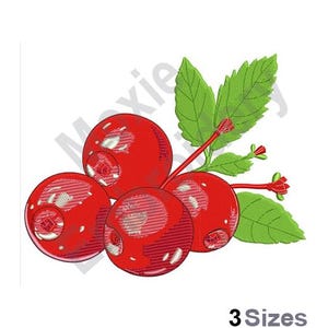 Puede incluir: Cuatro cerezas rojas con hojas verdes. Las cerezas están agrupadas y tienen un acabado brillante.