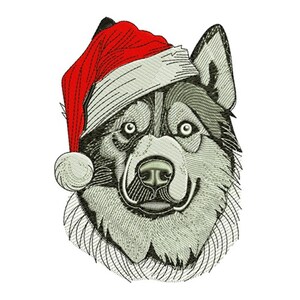 Puede incluir: Imagen bordada de un perro Husky con un gorro de Papá Noel rojo. La cara del perro está detallada con hilo negro y gris, mostrando sus ojos, nariz y pelaje. El gorro tiene un pompón blanco. La imagen está sobre un fondo blanco.