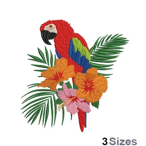 Guacamayo escarlata - Diseño de bordado a máquina - 3 tamaños, diseño de bordado de loro exótico, patrón de bordado Ara Macao, diseño de flores tropicales