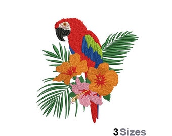 Scarlet Macaw - Machine Embroidery Design - 3 Sizes, Exotic Parrot Embroidery Design, Ara Macao Embroidery Pattern, Tropical Flowers Design