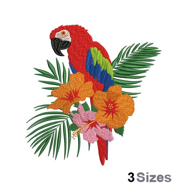 Scarlet Macaw - Machine Embroidery Design - 3 Sizes, Exotic Parrot Embroidery Design, Ara Macao Embroidery Pattern, Tropical Flowers Design