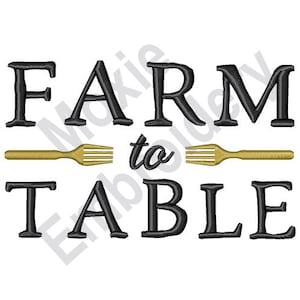 May include: Black and white text that reads "FARM to TABLE" with a gold fork and spoon in between the words.