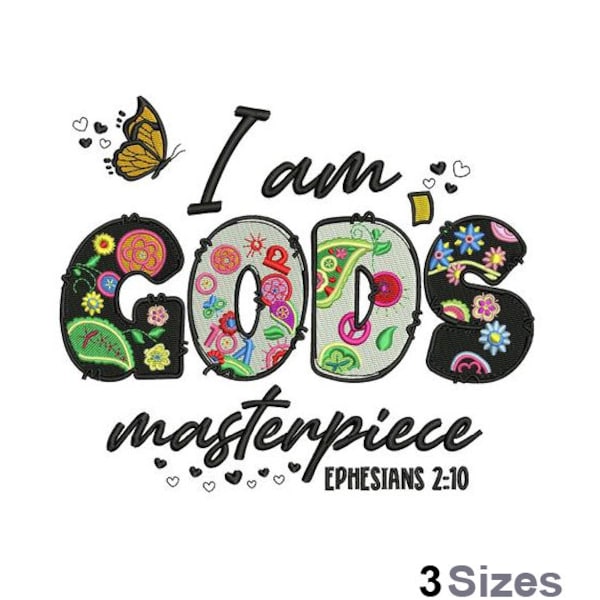 I Am God's Masterpiece - Machine Embroidery Design - 3 Sizes, Bible Verse Embroidery Pattern, Ephesians 2:10 Embroidery Design