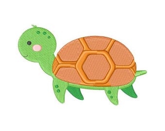May include: A green and orange cartoon turtle with a smiling face and a patterned shell.