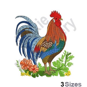 Floral Rooster - Machine Embroidery Design - 3 Sizes, Garden Rooster Embroidery Pattern, Colorful Country Rooster Embroidery Design