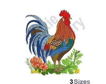Floral Rooster - Machine Embroidery Design - 3 Sizes, Garden Rooster Embroidery Pattern, Colorful Country Rooster Embroidery Design