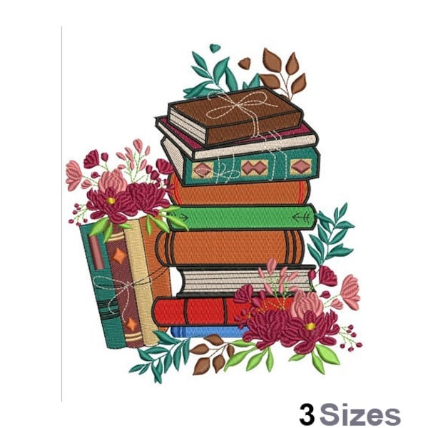 Floral Stack Of Books - Machine Embroidery Design - 3 Sizes, Reading Books & Flowers Embroidery Pattern, Stacked Books Embroidery Design