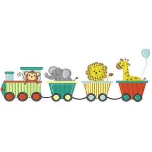 以下が含まれることがあります： 動物の乗客を乗せたカラフルなオモチャの電車。サルが機関車を運転し、ゾウが最初の車両、ライオンが2番目の車両、キリンが最後の車両に乗っています。電車は緑、黄色、赤、青の車両です。