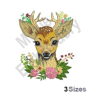 Deer In Flowers - Machine Embroidery Design - 3 Sizes, Floral Fawn Embroidery Design, Deer Head Embroidery Pattern, Baby Deer Embroidery