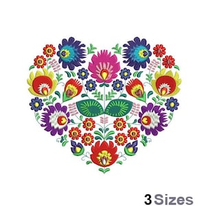 Coeur floral - motif de broderie Machine - 3 tailles, motif de broderie fleurs art folklorique, broderie arrangement floral, motif coeur fleur