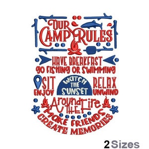 Our Camp Rules - Machine Embroidery Design - 2 Sizes, Camping Quote Design, Breakfast, Fishing, Swimming, Relax, Campfire, Friends, Memories