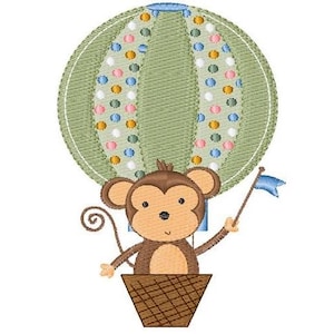 May include: A brown monkey with a blue flag sits in a brown basket of a green hot air balloon with colorful polka dots.