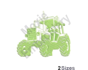 Puede incluir: Diseño de bordado de tractor verde disponible en dos tamaños. El tractor está delineado en blanco y presenta un diseño detallado.