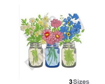 Flowers In Mason Jars - Machine Embroidery Design - 3 Sizes, Blue, Red And White Flowers Embroidery, Three Floral Jars Embroidery Pattern
