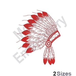 May include: Red and white embroidered design of a Native American headdress with feathers. 2 Sizes.
