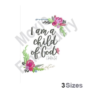 Könnte beinhalten: Stickerei mit einem Blumenkranz und dem Text "Ich bin ein Kind Gottes 1 Johannes 3:1".