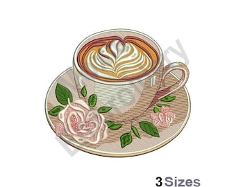 Cafe Latte - Machine Embroidery Design - 3 Sizes, Coffee Cup With Flowers Embroidery Pattern, Floral Cappuccino Cup Embroidery Design
