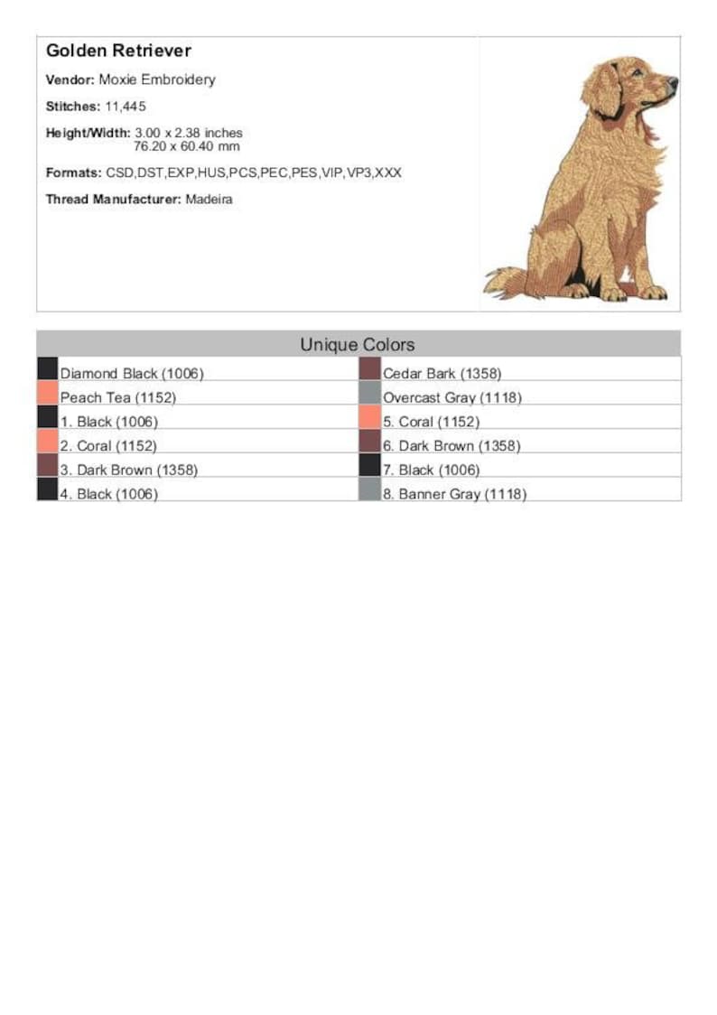 Golden Retriever - Diseño de bordado a máquina - 3 tamaños, Patrón de bordado de perro sentado, imagen 2