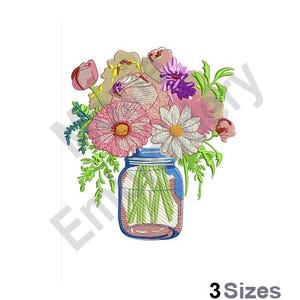 Flowers In Mason Jar - Machine Embroidery Design - 3 Sizes, Wild Flowers Embroidery Pattern, Glass Vase Embroidery, Floral Bouquet Design