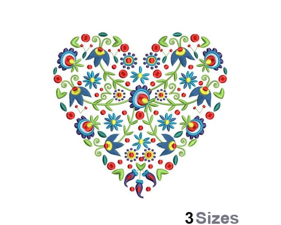Folk Art Floral Heart - Machine Embroidery Design - 3 Sizes, Flower ...