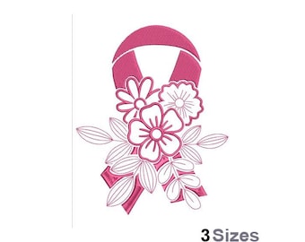 Pink Hope Ribbon & Flowers - Machine Embroidery Design - 3 Sizes, Floral Awareness Ribbon Embroidery Pattern,  Breast Cancer Awareness