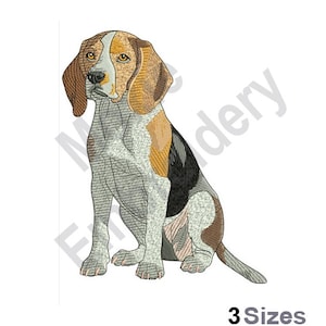 Pode incluir: Desenho bordado de um cão beagle sentado com uma pelagem branca, marrom e preta. O cão está olhando para a esquerda.